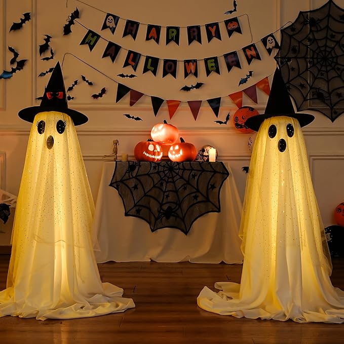 2-Pack Outdoor Halloween Ghost Decorations – Indoor & Outdoor Party Must-Have | With Remote-Controlled String Lights | Perfect for Porch, Yard, Garden & Lawn