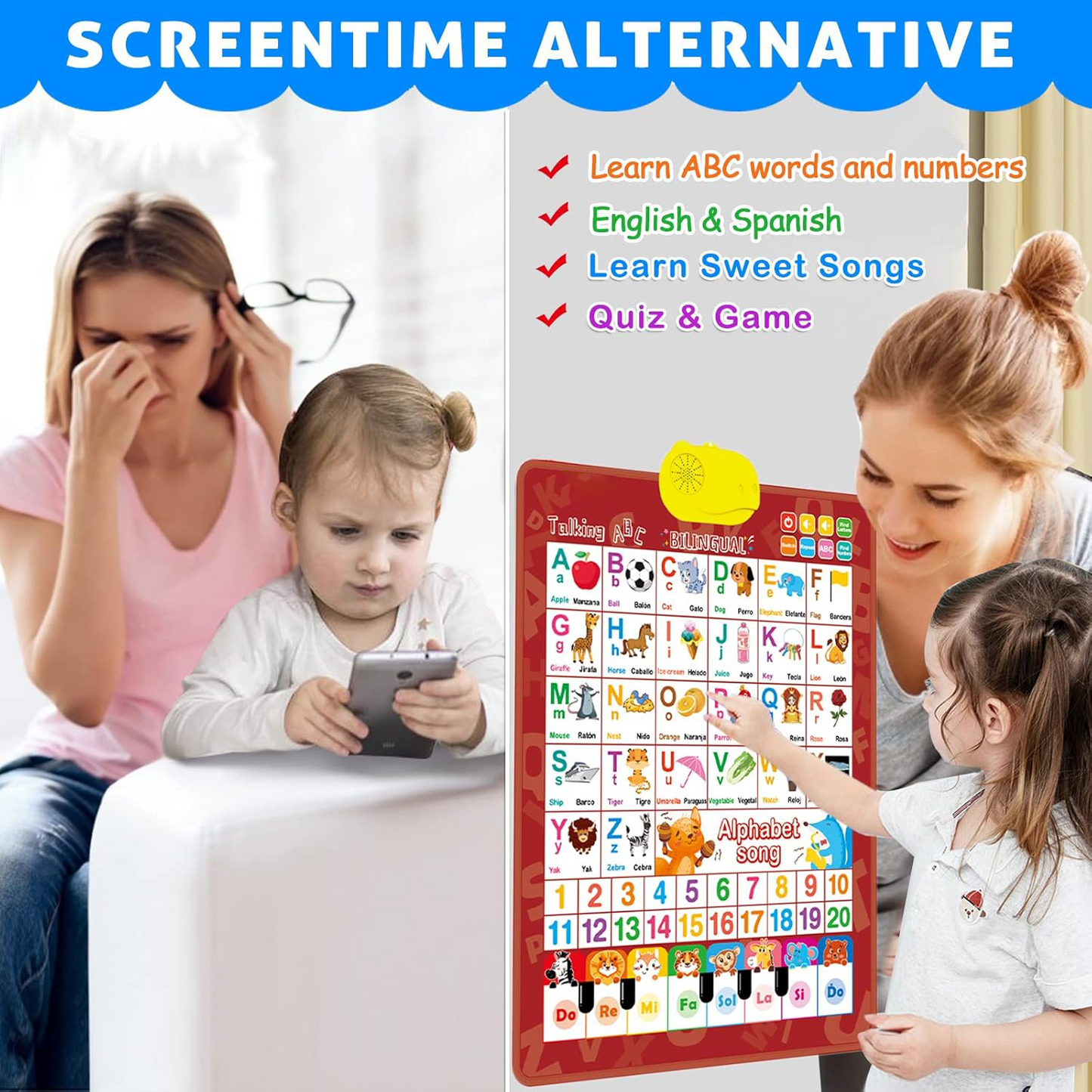 Bilingual Alphabet Interactive Wall Chart – English & Spanish Learning Poster with ABC, 123, and Music for Kids Ages 3+