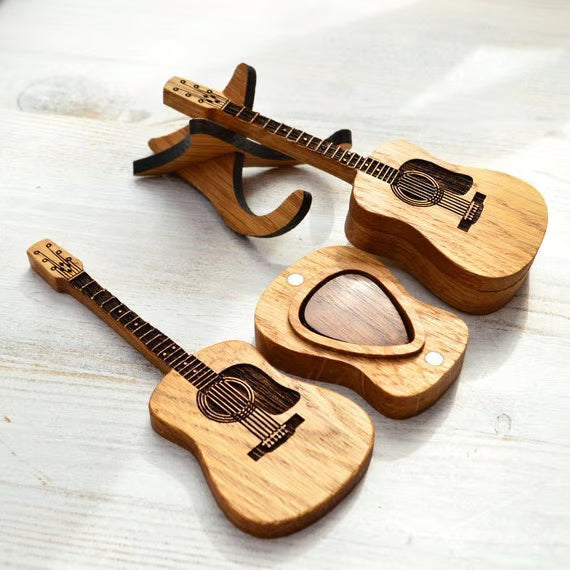 Wooden Acoustic Guitar Pick Box with Stand