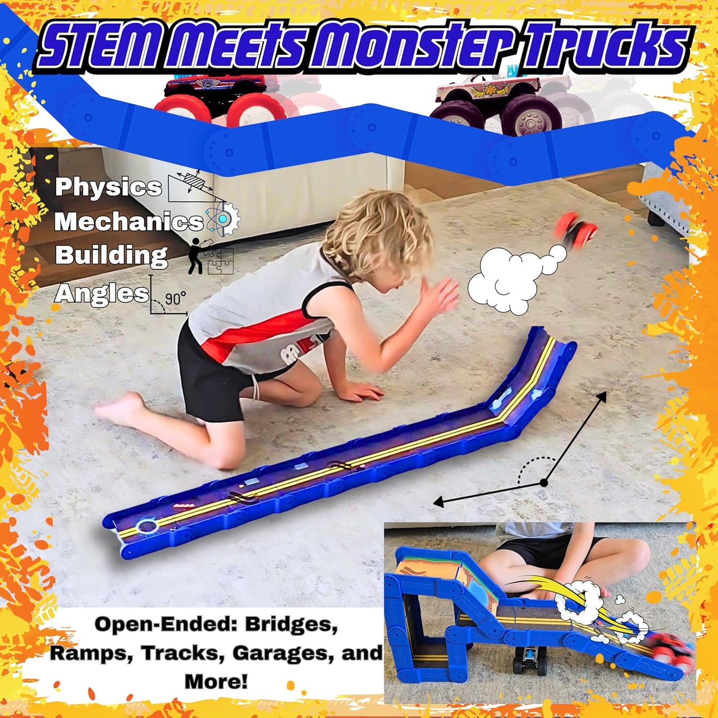 STEM Ramp Builder Set – 10 Adjustable Modular Track Pieces + 2 Monster Trucks