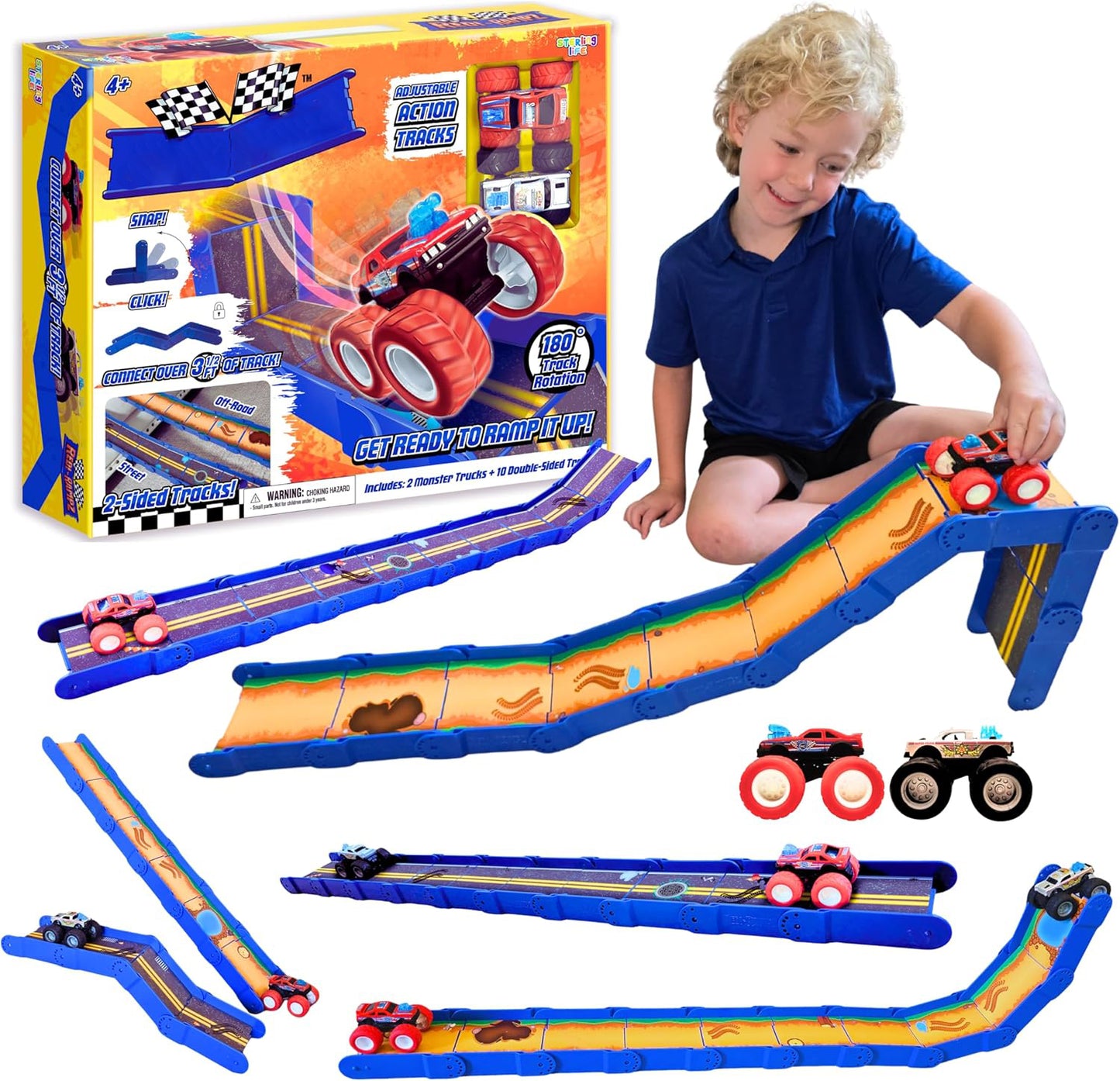 STEM Ramp Builder Set – 10 Adjustable Modular Track Pieces + 2 Monster Trucks