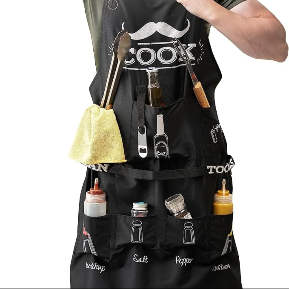 Premium BBQ Apron with 7 Spice Pockets & Bottle Opener – Durable, Fun & Practical for Grilling Parties