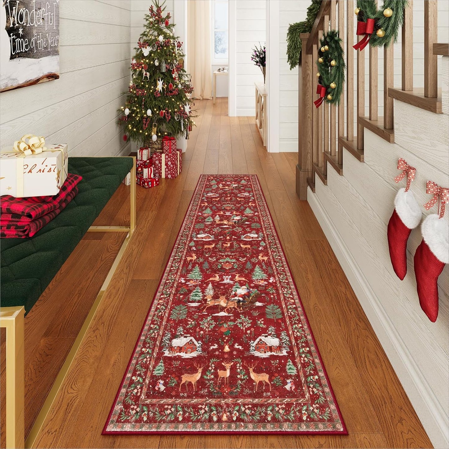 Christmas Runner Rug 2x8 Beige – Washable Non-Slip Carpet for Hallway, Kitchen, and Bathroom