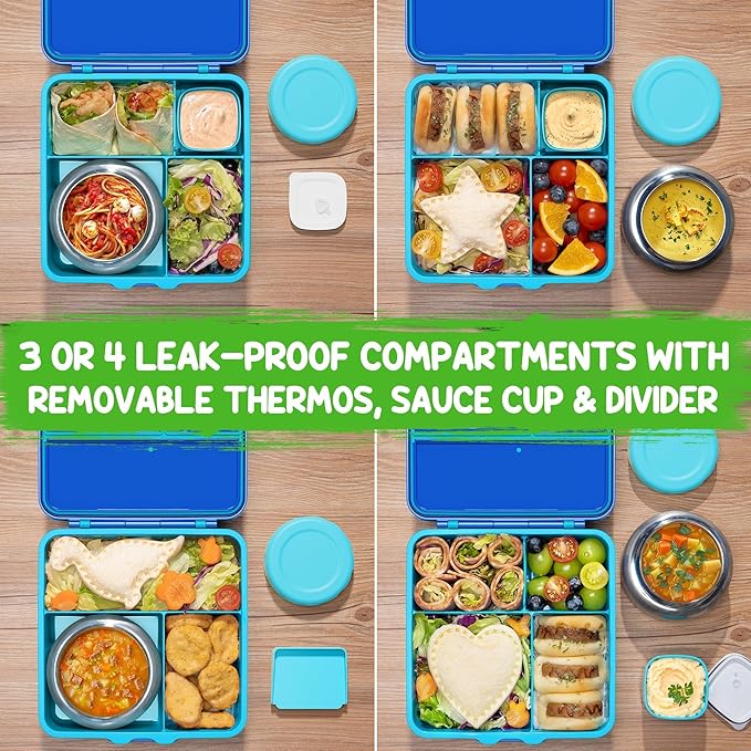Children and Adult Lunch Box with Insulated Bottle – 3-4 Compartments 60oz Lunch Container with Leak-Proof 8oz Insulated Food Jar and Sauce Cup | BPA-Free, Dishwasher Safe