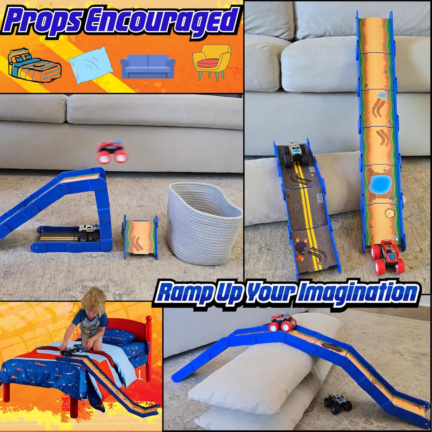 STEM Ramp Builder Set – 10 Adjustable Modular Track Pieces + 2 Monster Trucks