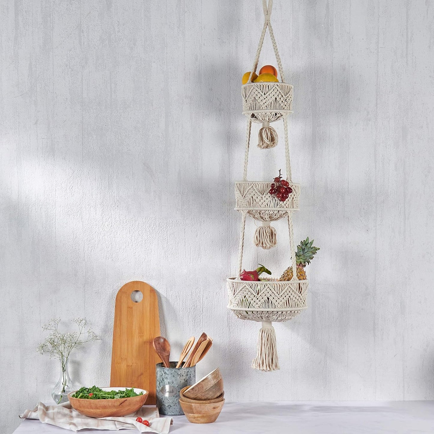 Three-Tier Hanging Fruit Basket – Bohemian Style Kitchen Storage Hanging Basket