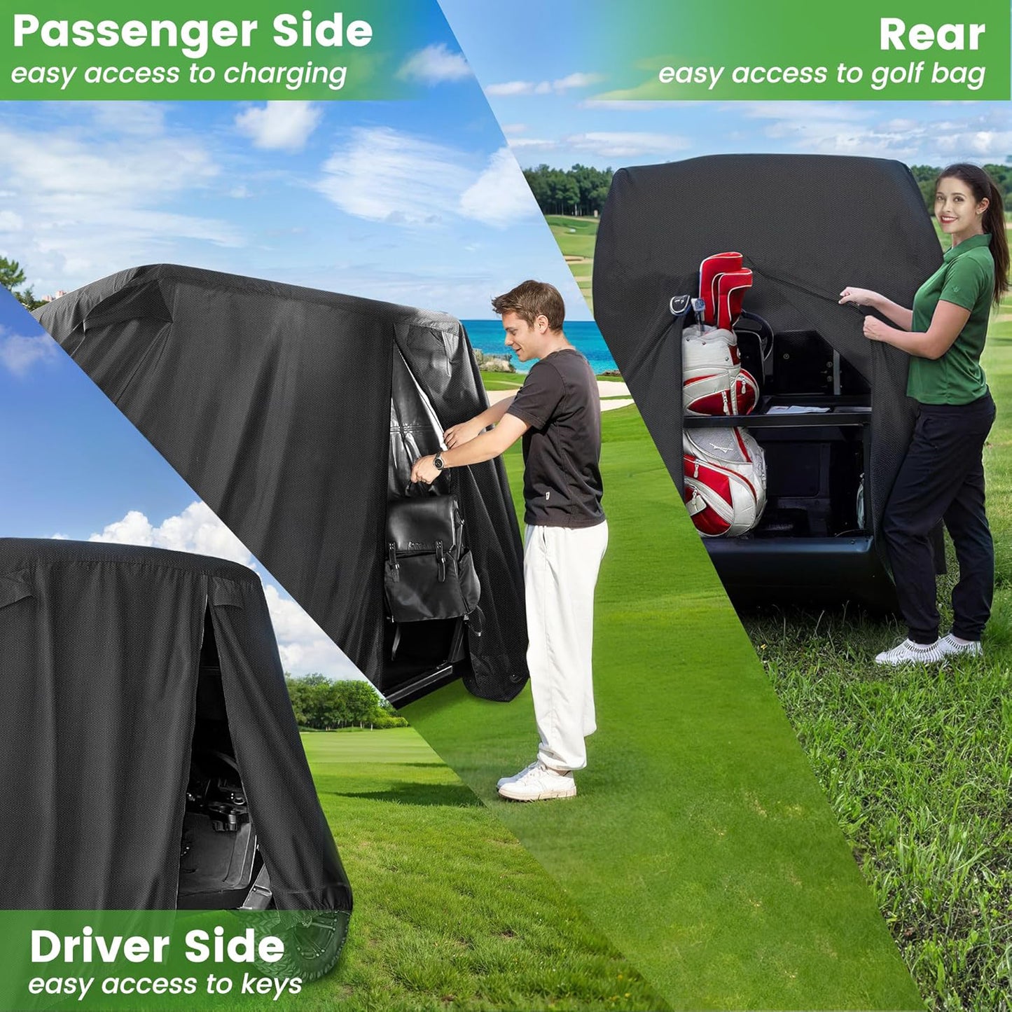 Passenger Golf Cart Cover – 420D Waterproof Durable Polyester with 3 Zipper Doors