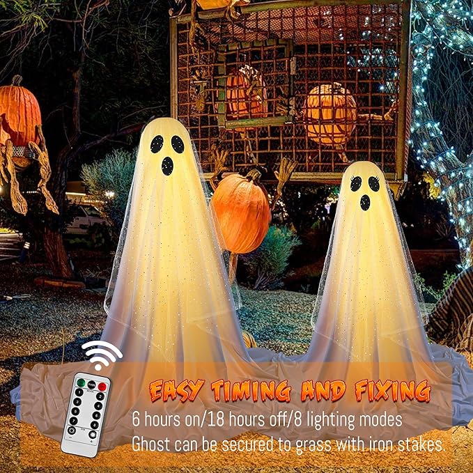 2-Pack Outdoor Halloween Ghost Decorations – Indoor & Outdoor Party Must-Have | With Remote-Controlled String Lights | Perfect for Porch, Yard, Garden & Lawn