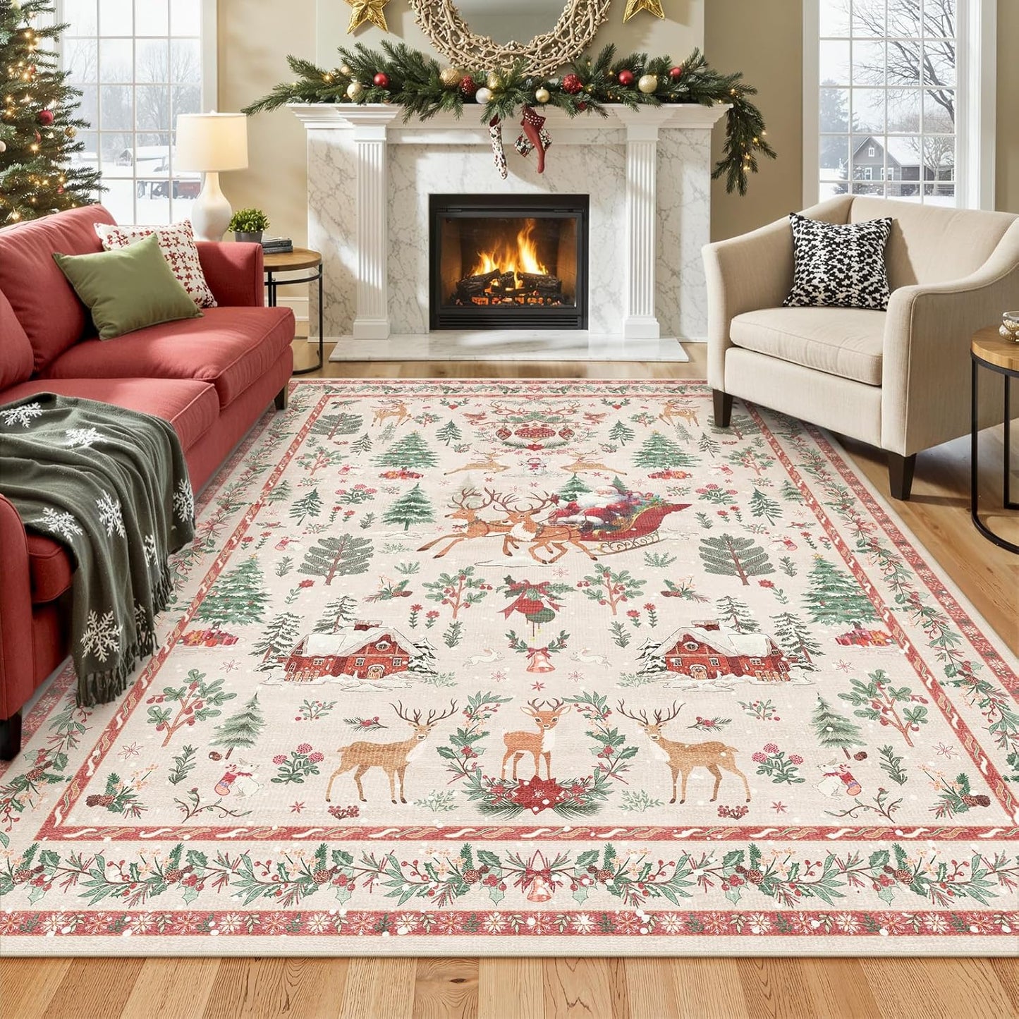 Christmas Runner Rug 2x8 Beige – Washable Non-Slip Carpet for Hallway, Kitchen, and Bathroom