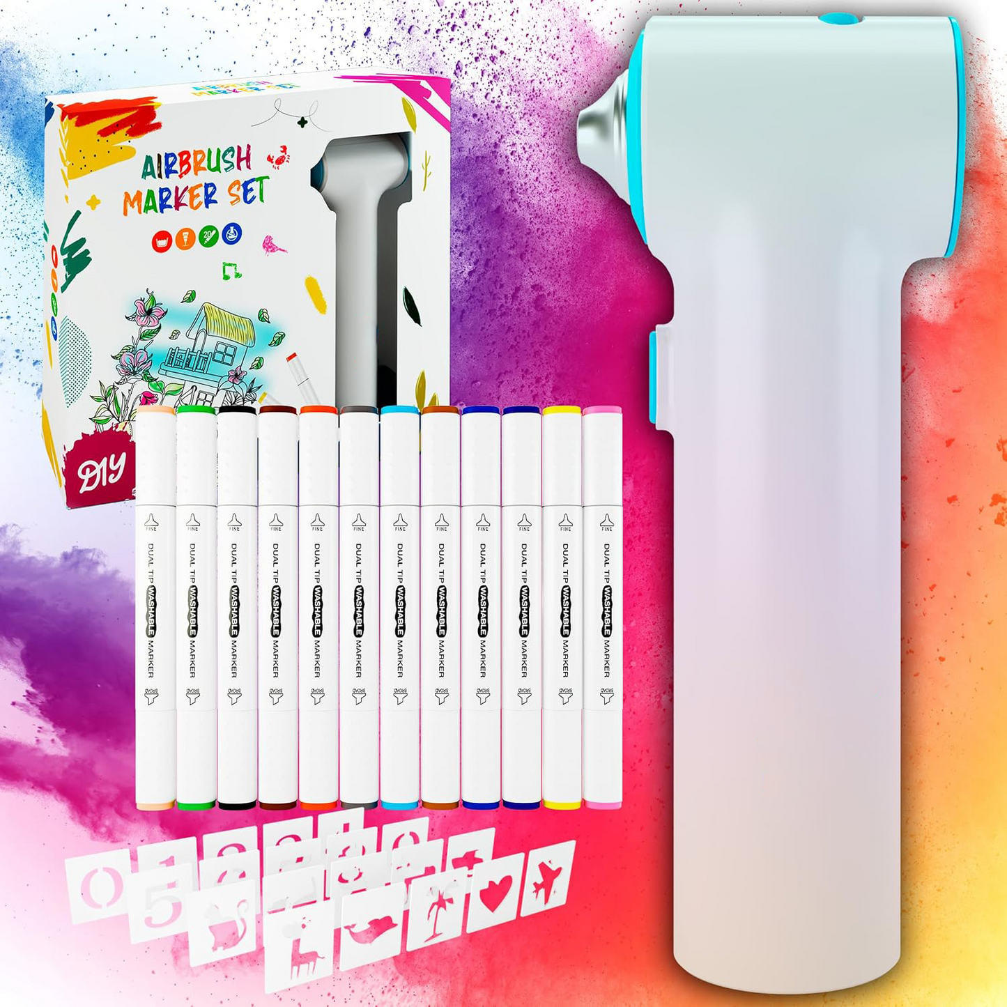 Children's Airbrush Marker Set – Creative DIY Art Kit with Washable Markers & Stencils