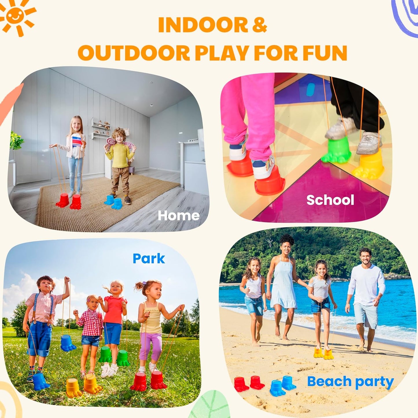 Children's Balance Stilts – 4 Pairs (8 Stilts) with Monster Feet for Balance & Coordination