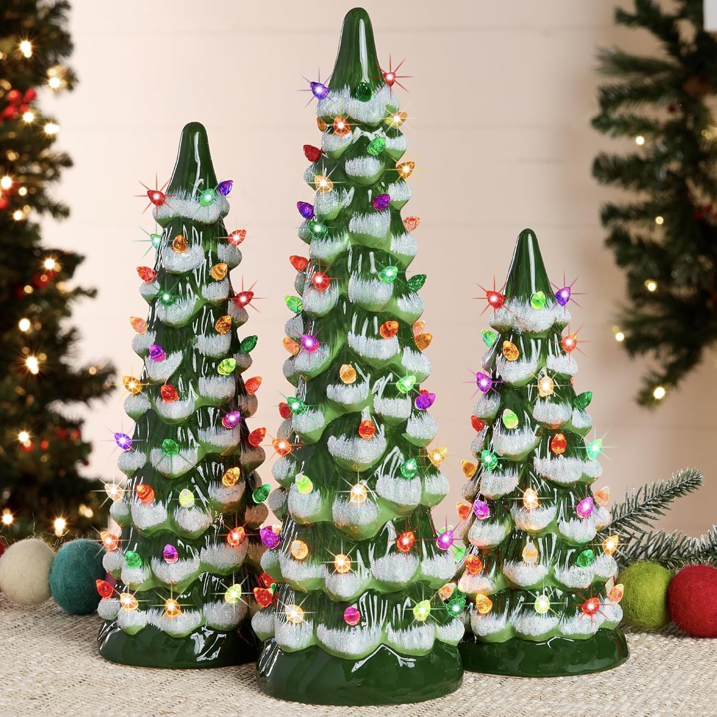3-Piece Ceramic Christmas Tree Set – Pre-Lit Hand-Painted LED Desktop Decor