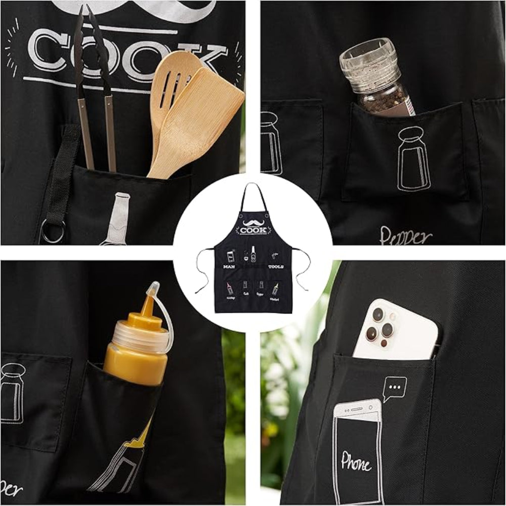 Premium BBQ Apron with 7 Spice Pockets & Bottle Opener – Durable, Fun & Practical for Grilling Parties