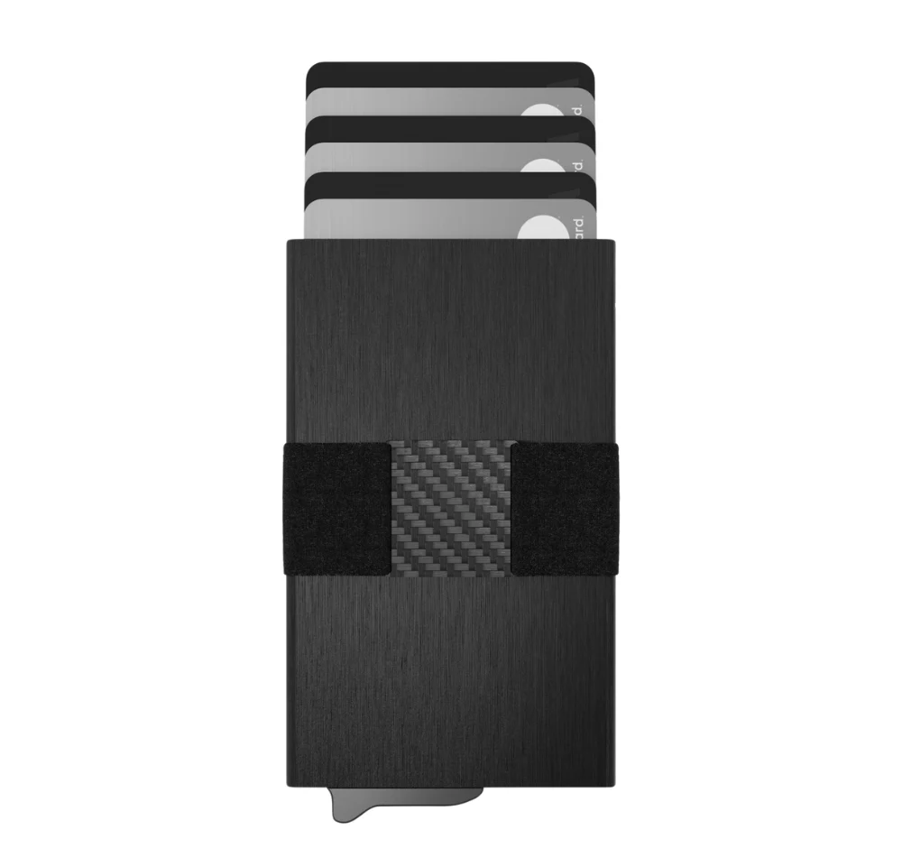 RFID Blocking Wallet – Slim Aluminum Card Holder with Carbon Fiber Cash Strap