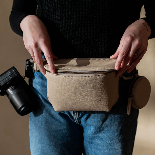 Beige Waist Bag – Compact Camera Waist Pack with Adjustable Strap