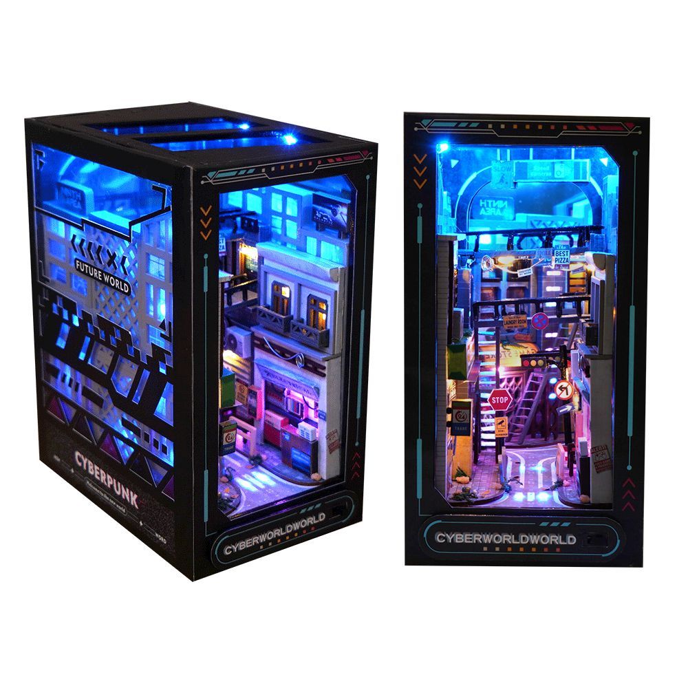 Cyberpunk DIY Book Nook Kit – Futuristic Miniature Shelf Decoration with LED Lights