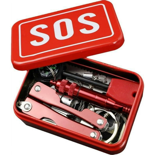 Emergency Survival Kit – Multi-Tool Set with Compass &amp; LED Flashlight in Portable Red Case
