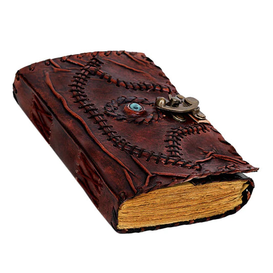 Vintage Spell Book Leather Journal – Third Eye Grimoire | Blank Handmade Notebook | Retro Lock