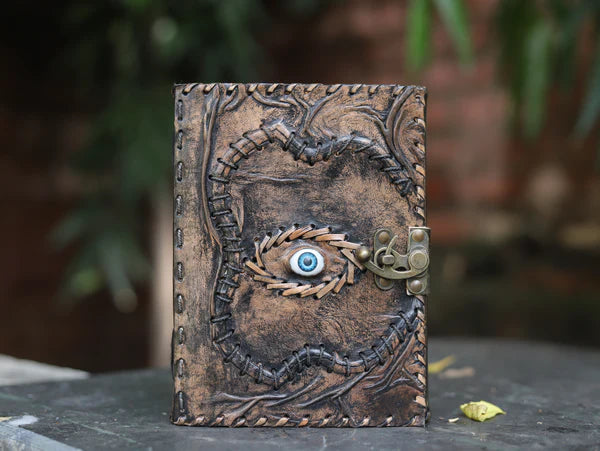 Vintage Spell Book Leather Journal – Third Eye Grimoire | Blank Handmade Notebook | Retro Lock