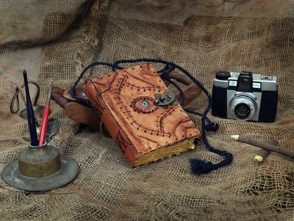 Vintage Spell Book Leather Journal – Third Eye Grimoire | Blank Handmade Notebook | Retro Lock