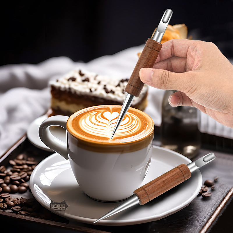 Coffee Latte Art Pen – Stainless Steel Carving Needle | Wooden Handle Latte Art Tool, Easily Create Fancy Coffee Designs