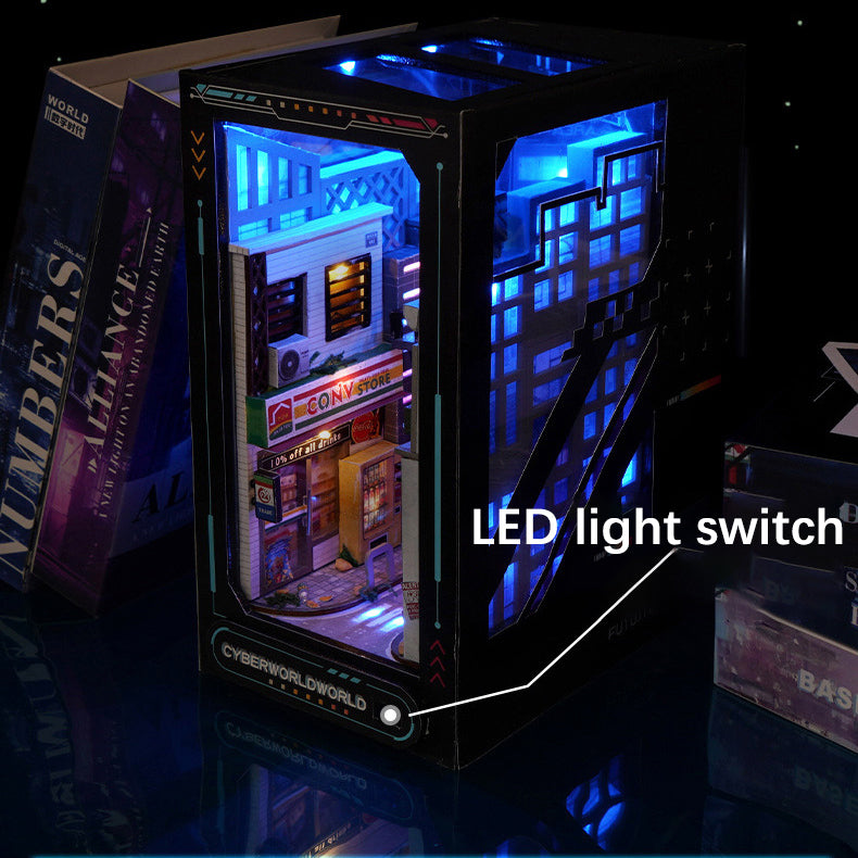 Cyberpunk DIY Book Nook Kit – Futuristic Miniature Shelf Decoration with LED Lights