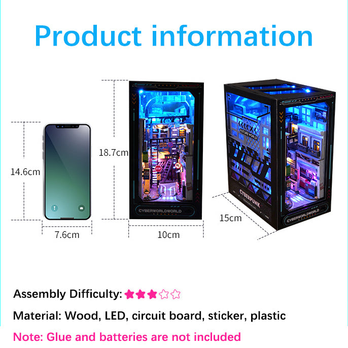 Cyberpunk DIY Book Nook Kit – Futuristic Miniature Shelf Decoration with LED Lights