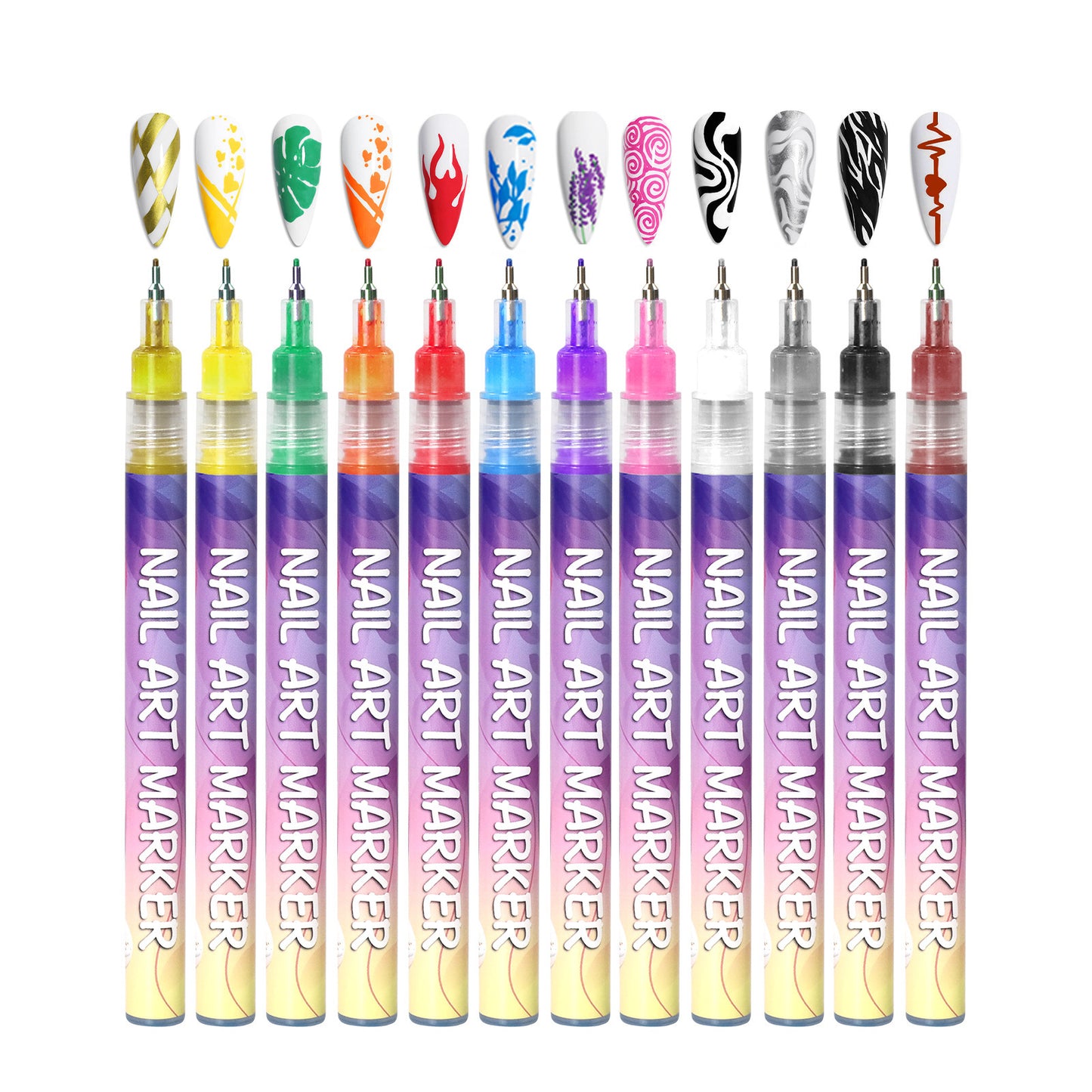 Nail Art Marker Pens – 12 Color DIY Nail Art Pen Set | 3D Gel Nail Pens for Drawing, Dotting & Nail Design