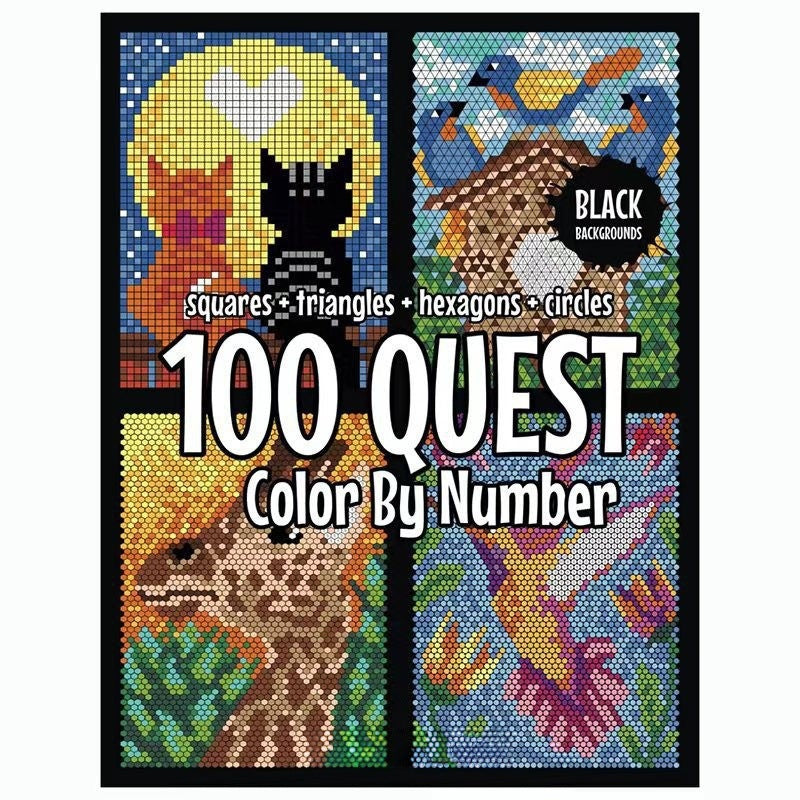 100 QUEST Number Coloring Book Set – Squares + Triangles + Hexagons + Circles (Black Background)