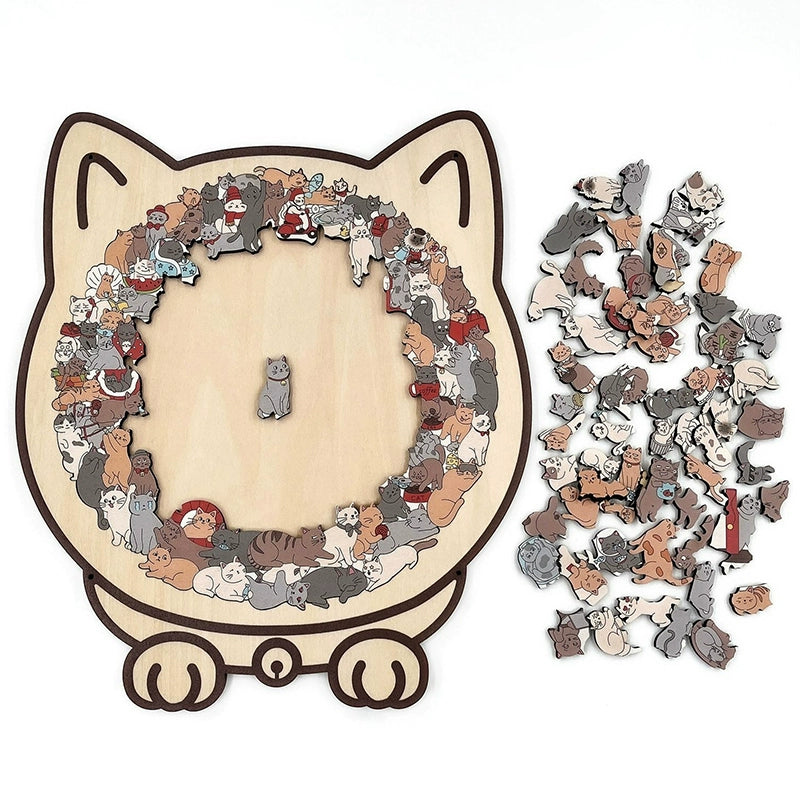 Cat-Shaped Wooden Puzzle 135 Pieces – Challenging Irregular Jigsaw with Frame & Elegant Morandi Colors
