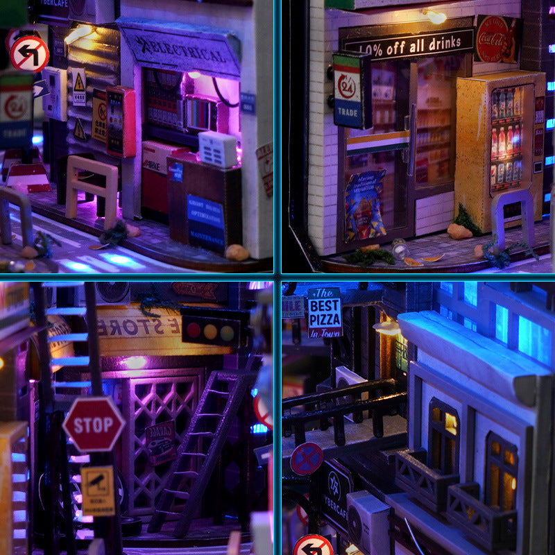 Cyberpunk DIY Book Nook Kit – Futuristic Miniature Shelf Decoration with LED Lights