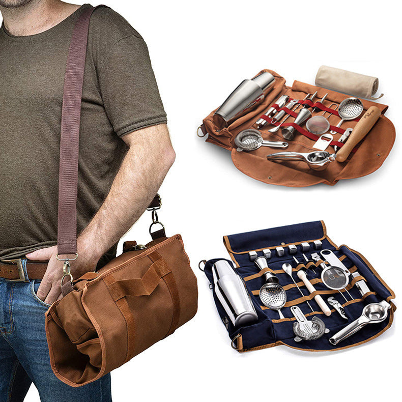Bartender Travel Bag – Portable Canvas Barware Storage Roll Bag with Shoulder Strap