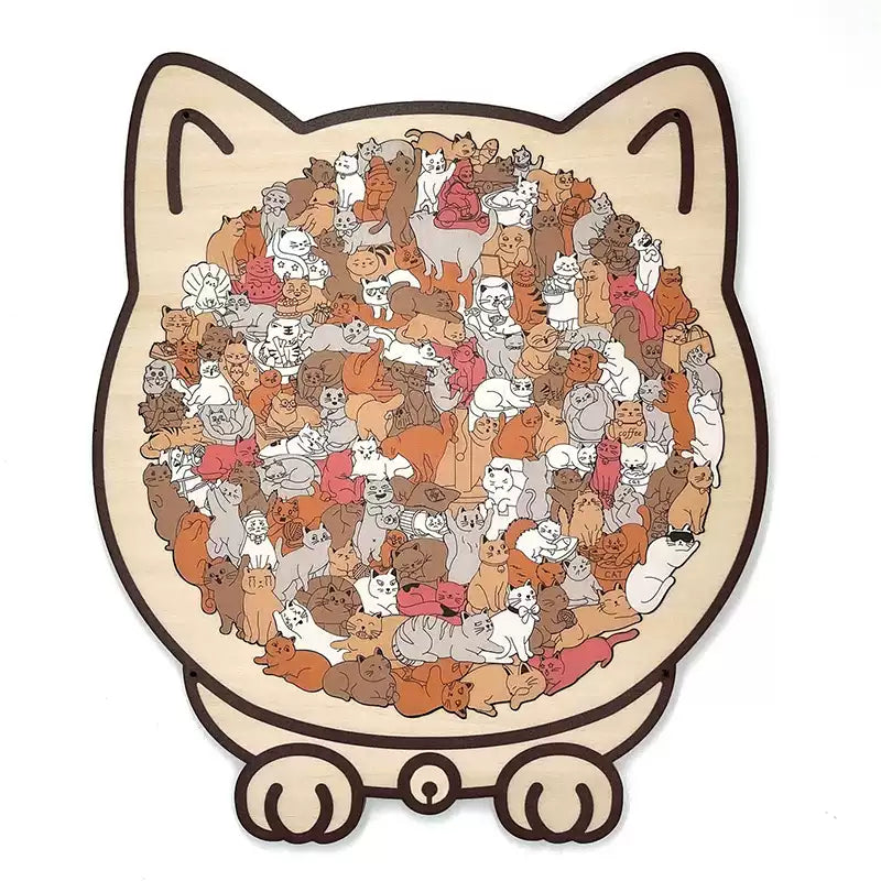 Cat-Shaped Wooden Puzzle 135 Pieces – Challenging Irregular Jigsaw with Frame & Elegant Morandi Colors