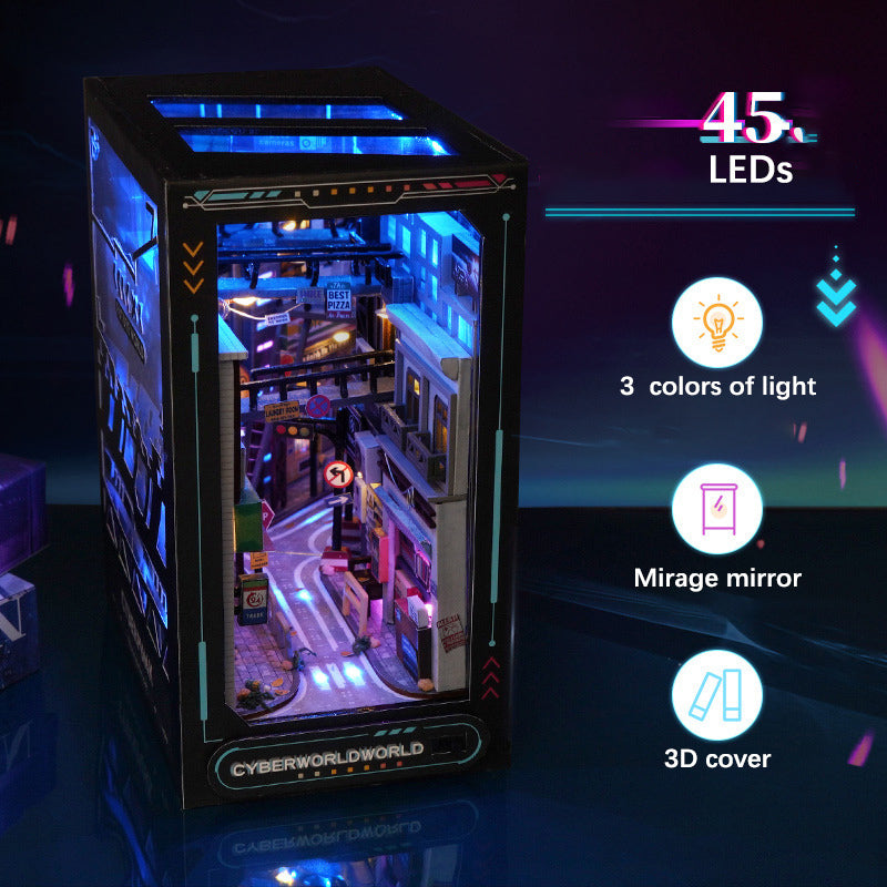 Cyberpunk DIY Book Nook Kit – Futuristic Miniature Shelf Decoration with LED Lights