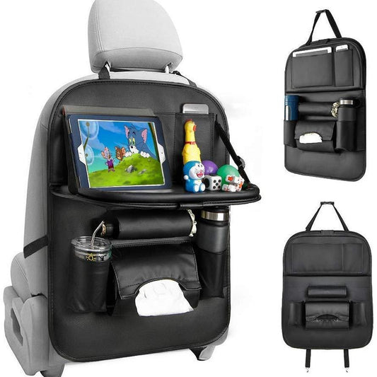 Car Back Seat Organizer with Foldable Tray Table – PU Leather Car Seat Protector & Storage Bag