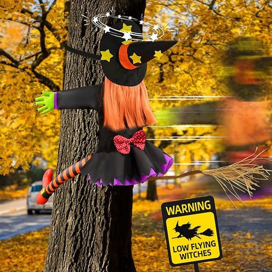 Outdoor Halloween Crashing Witch Decoration – 44" Hanging Tree Witch Decor