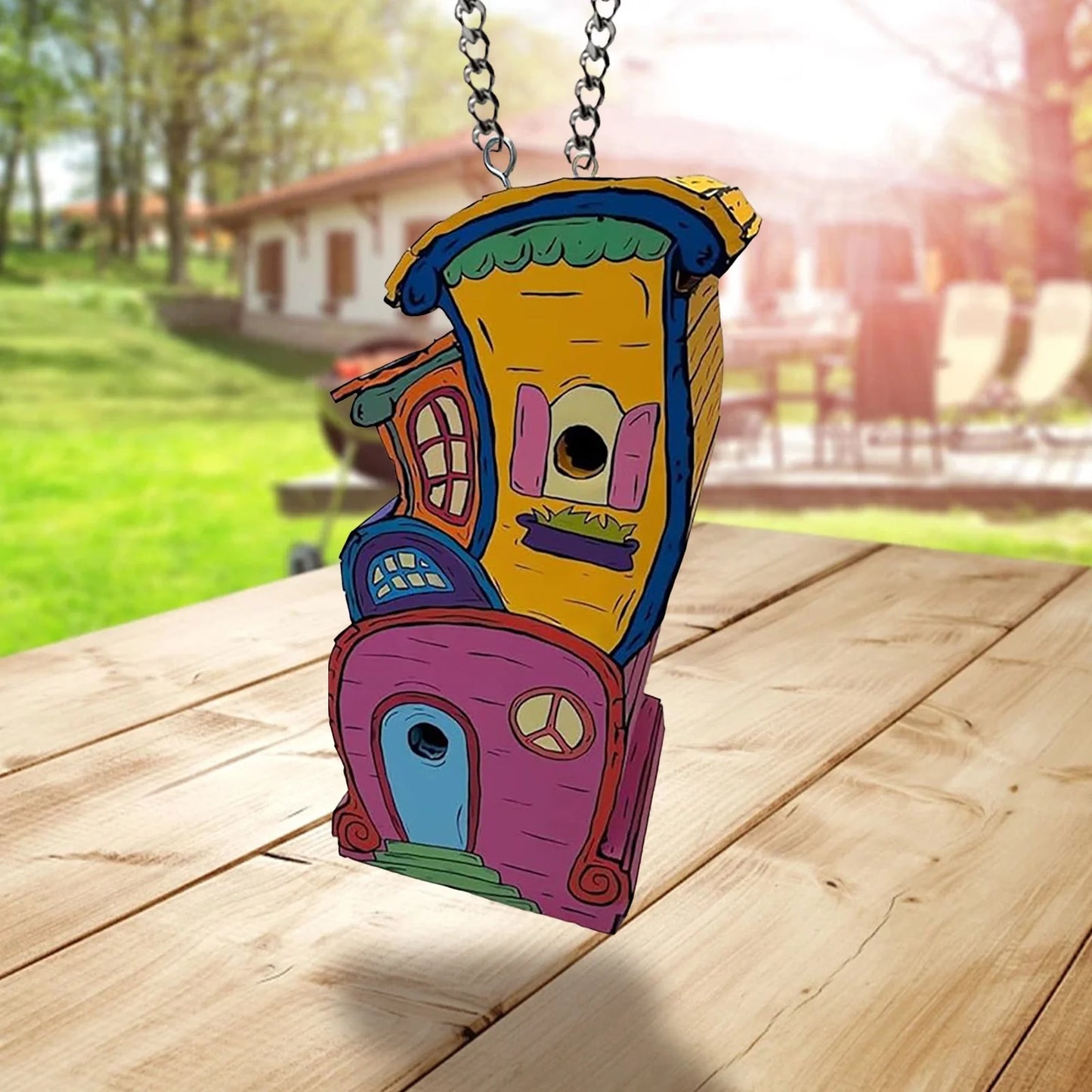 Whimsical and Vibrant Handmade Wooden Birdhouse