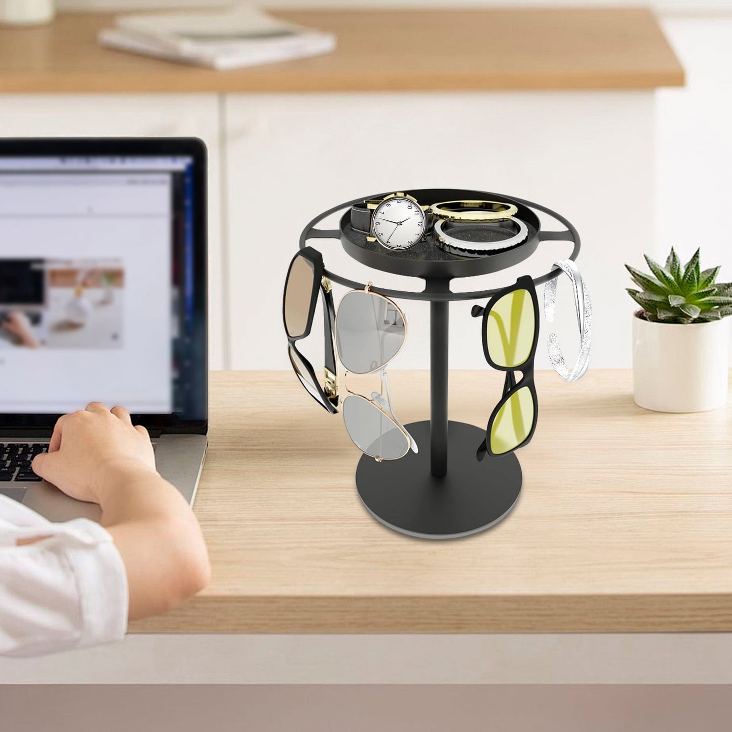 Glasses Holder Stand – Matte Black Sunglasses Organizer with Storage Tray