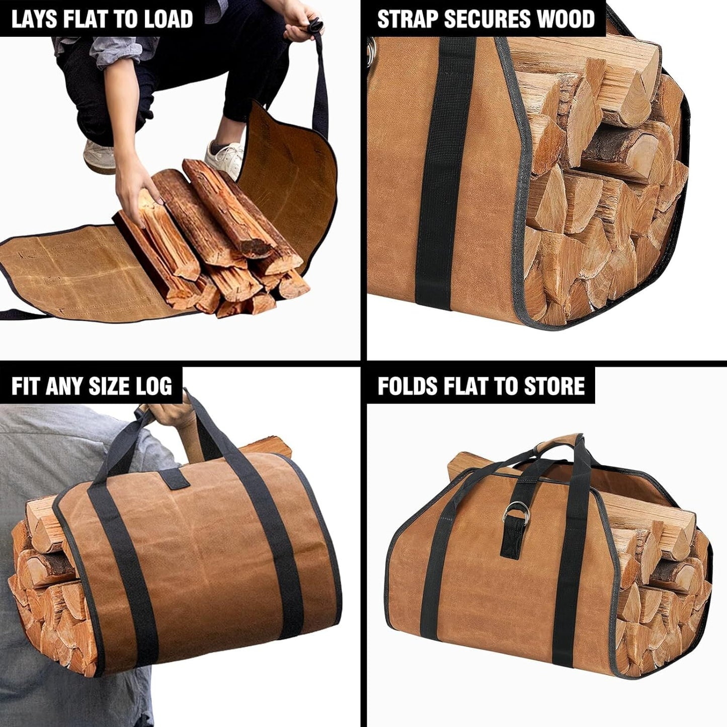 Waterproof Firewood Storage Bag – Waxed Canvas Log Carrier with Handles for Outdoor Camping & Trips