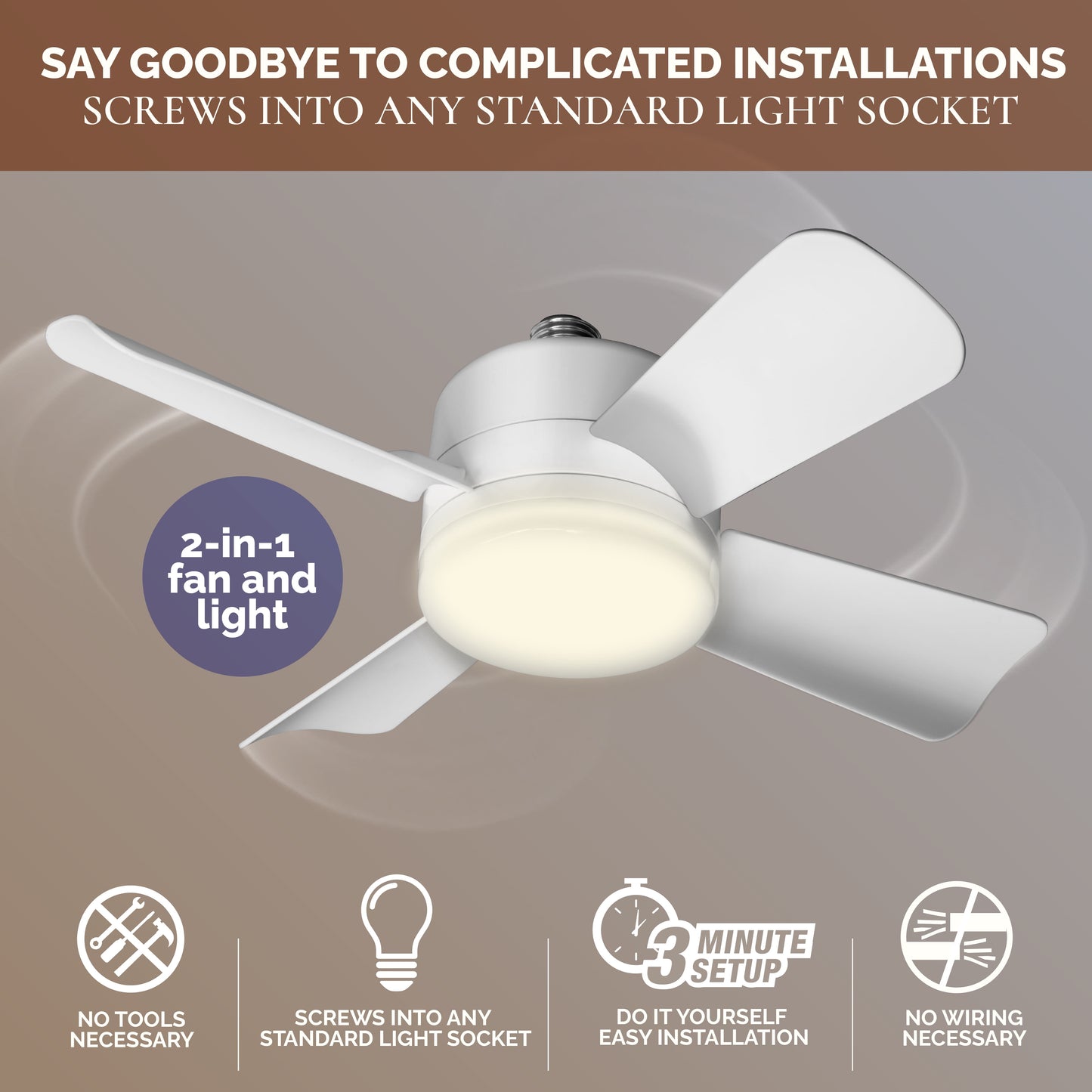 Socket Ceiling Fan with LED Light – 1000 Lumens, 4 Blades, Remote Control
