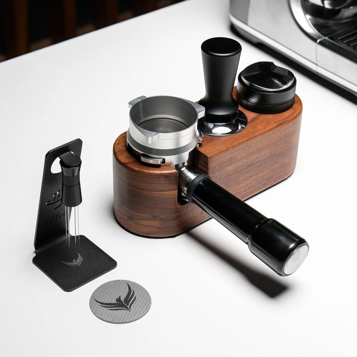 58mm Walnut Espresso Tamper & Portafilter Holder – Coffee Station Organizer Stand