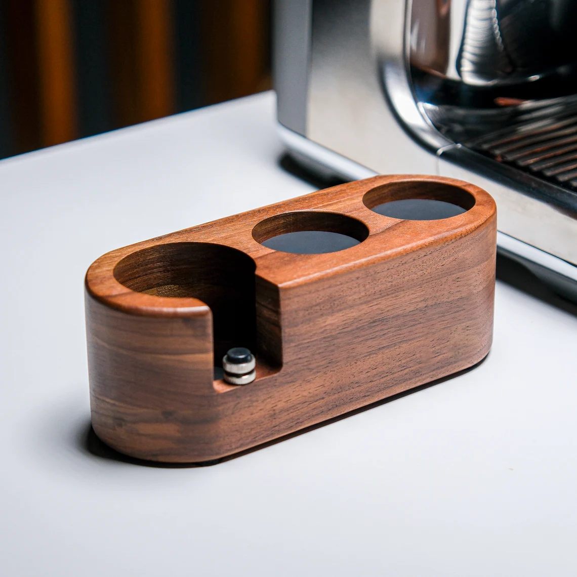 58mm Walnut Espresso Tamper & Portafilter Holder – Coffee Station Organizer Stand