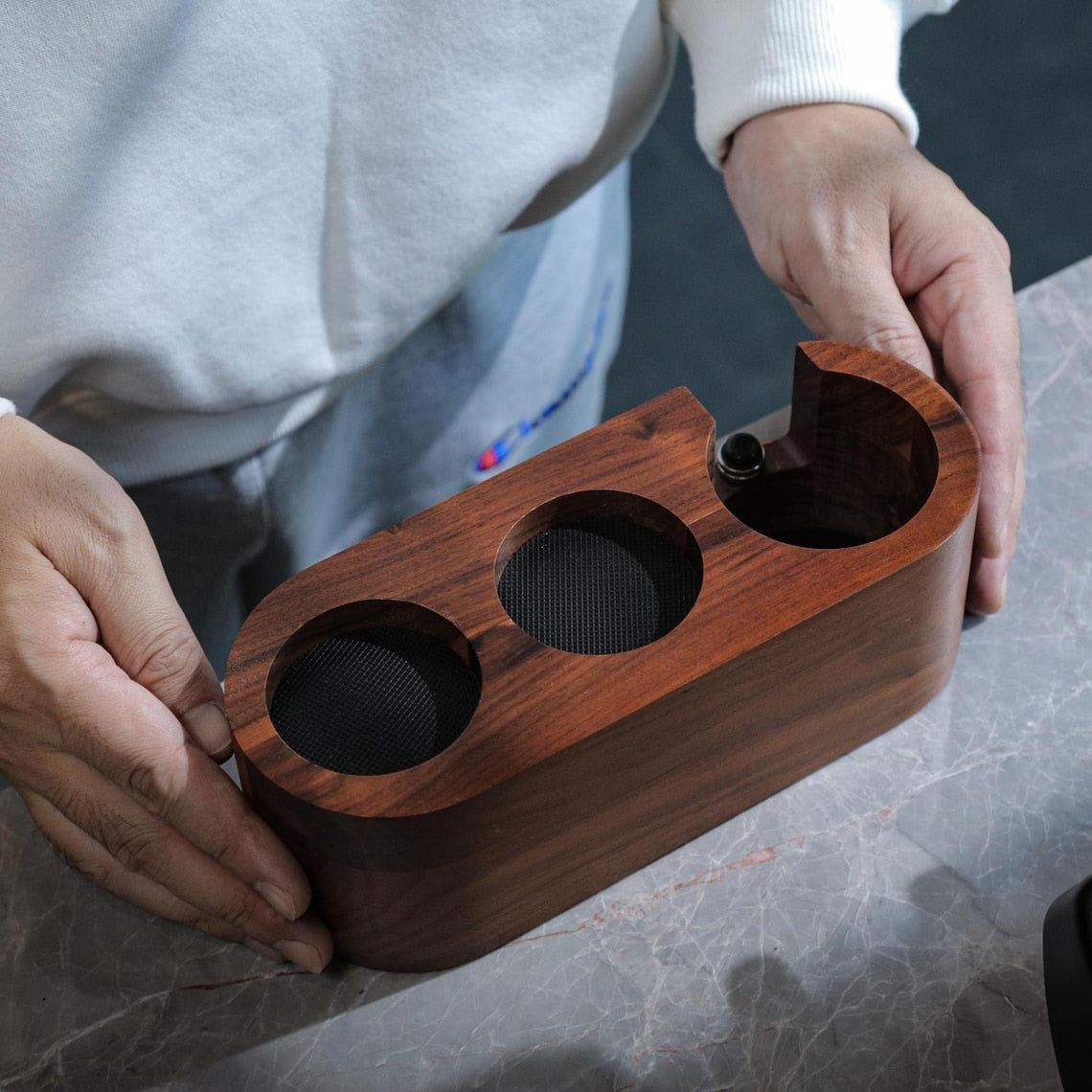 58mm Walnut Espresso Tamper & Portafilter Holder – Coffee Station Organizer Stand