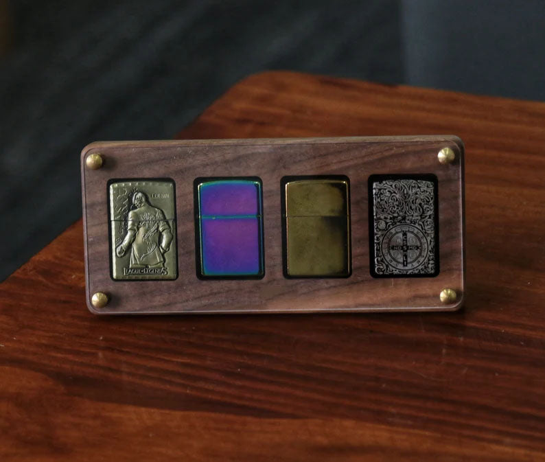 Zippo Lighter Display Case – Handcrafted Walnut Wood Organizer Box with Acrylic Lid