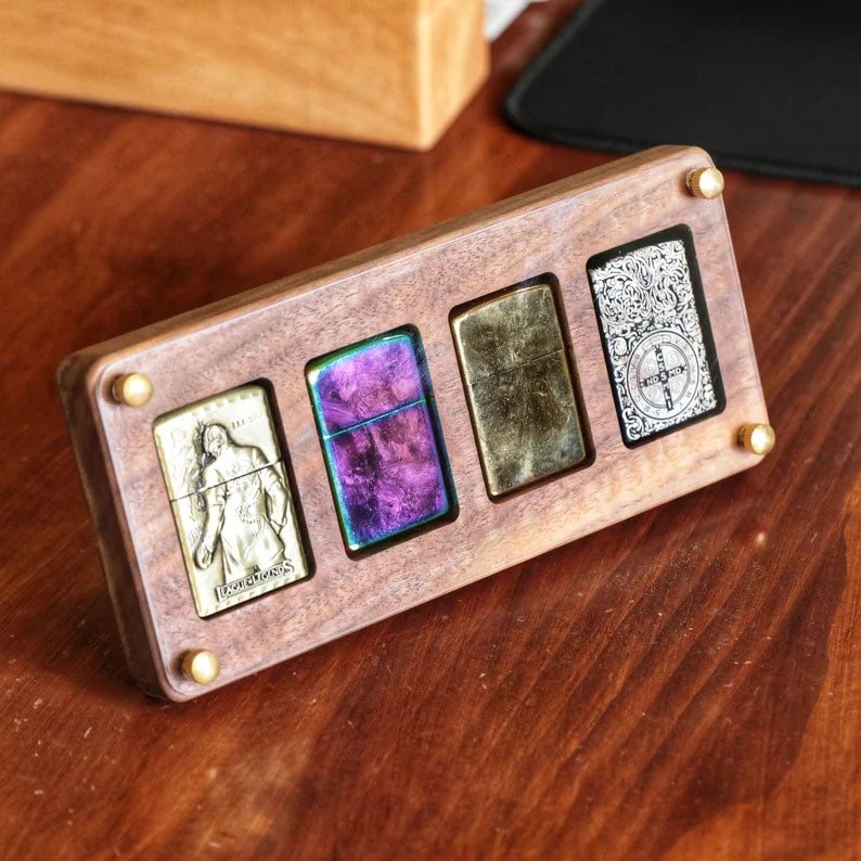 Zippo Lighter Display Case – Handcrafted Walnut Wood Organizer Box with Acrylic Lid