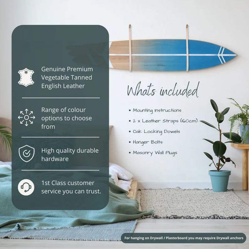 Surfboard Wall Mount Rack – Handmade Oak & Leather Surfboard Holder