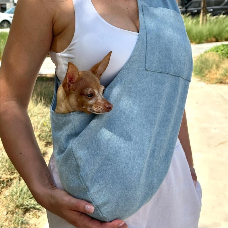Denim Pet Carrier Bag – Breathable & Stylish Cotton Sling for Small Pets