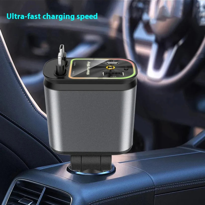 All-in-One Car Charger | Retractable Dual Cables | Fast Multi-Device Charging