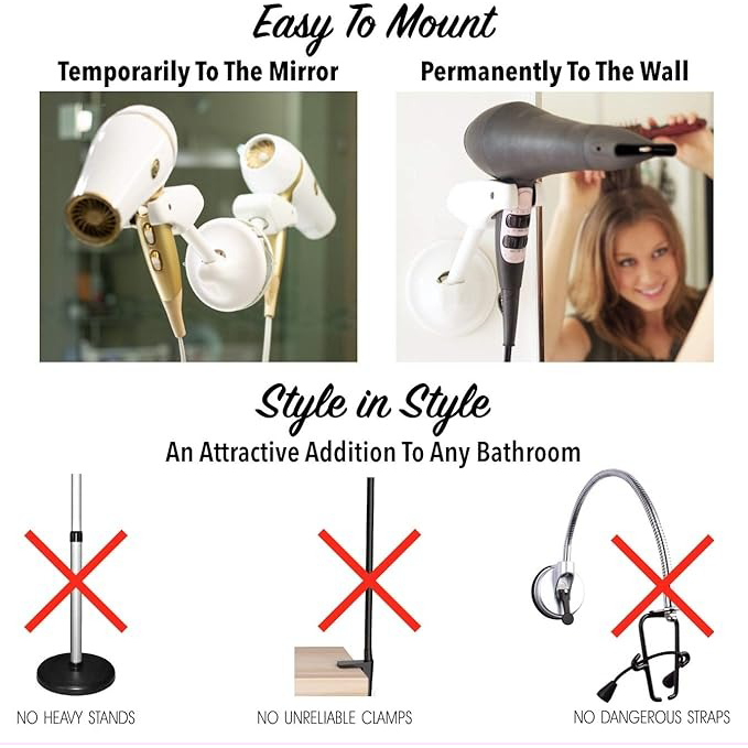 Adjustable Hair Dryer Holder – Hands-Free Drying with Fully Adjustable Arm and Mount Options