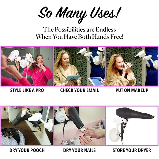 Adjustable Hair Dryer Holder – Hands-Free Drying with Fully Adjustable Arm and Mount Options